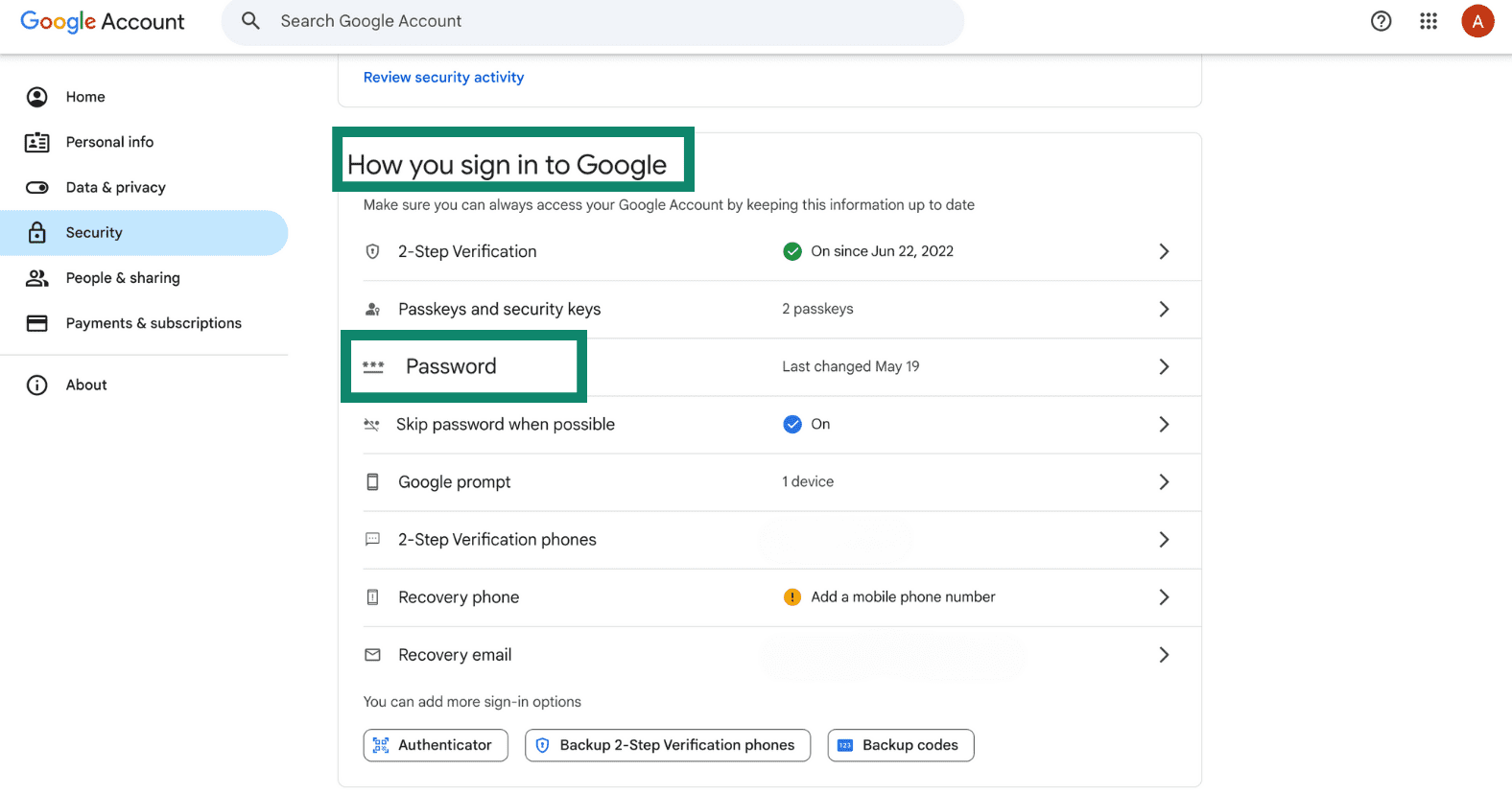 Google Account Security tab showing the How you sign in to Google section.