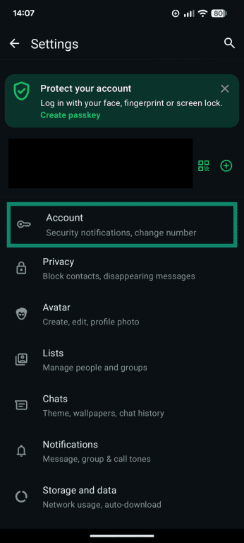 A screenshot of the WhatsApp settings menu, showing the Account button
