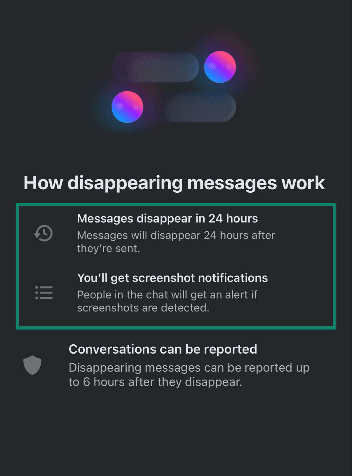 Facebook’s Messenger’s disappearing messages activation screen showing how the feature works.
