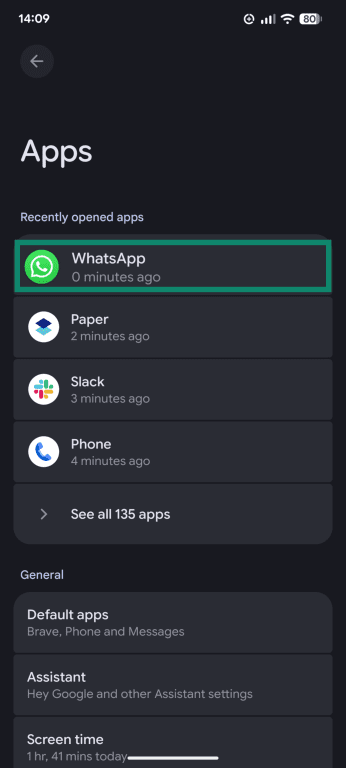The Apps menu of an Android phone, showing the WhatsApp app icon.