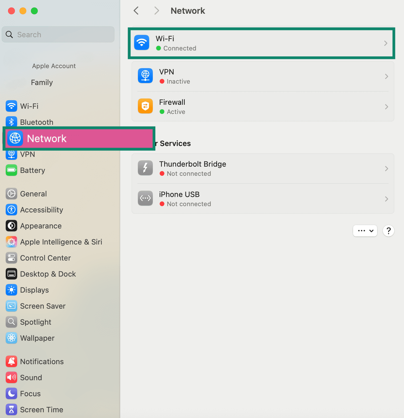 Mac settings showing Network and connected Wi Fi.