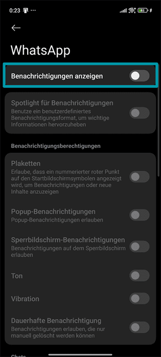 The notifications page for WhatsApp on Android, showing the option to toggle all notifications off.
