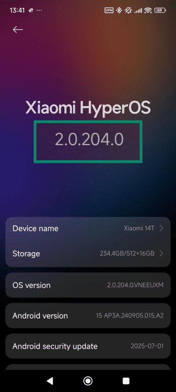 About phone screen showing how to access the update center.