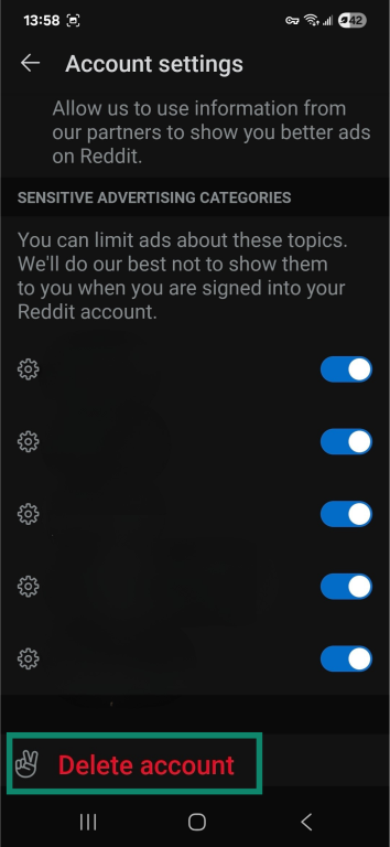 Reddit Android app settings dashboard with the Delete account prompt highlighted.