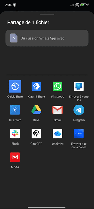 A screenshot of the WhatsApp app, showing an array of possible apps to use when exporting and saving chat files.