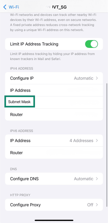 iPhone Wi Fi network details screen showing the Subnet Mask.