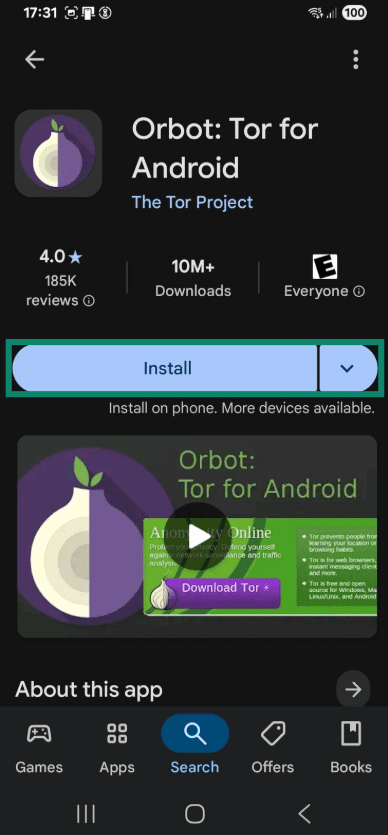 The Orbot page in the Google Play Store.