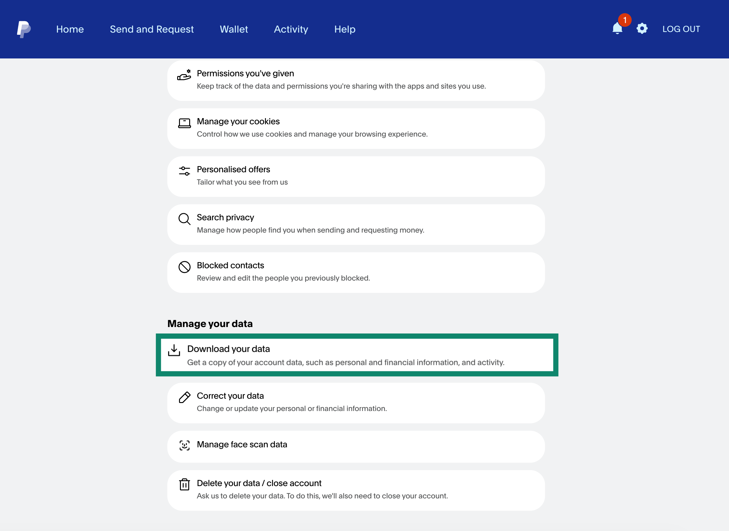 PayPal Data & Privacy menu, with a highlighted