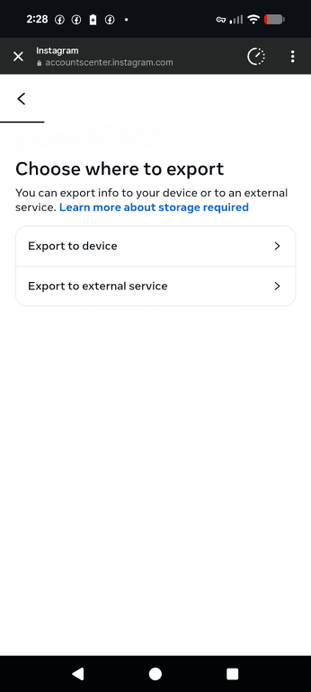 Choosing location to export data to in Instagram.