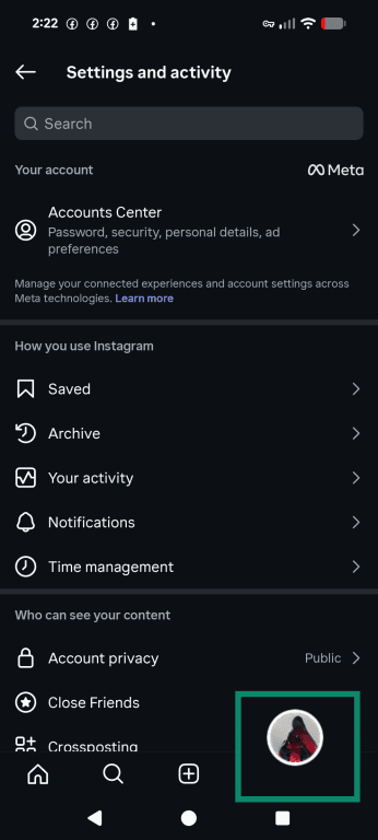 Instagram interface with profile highlighted.