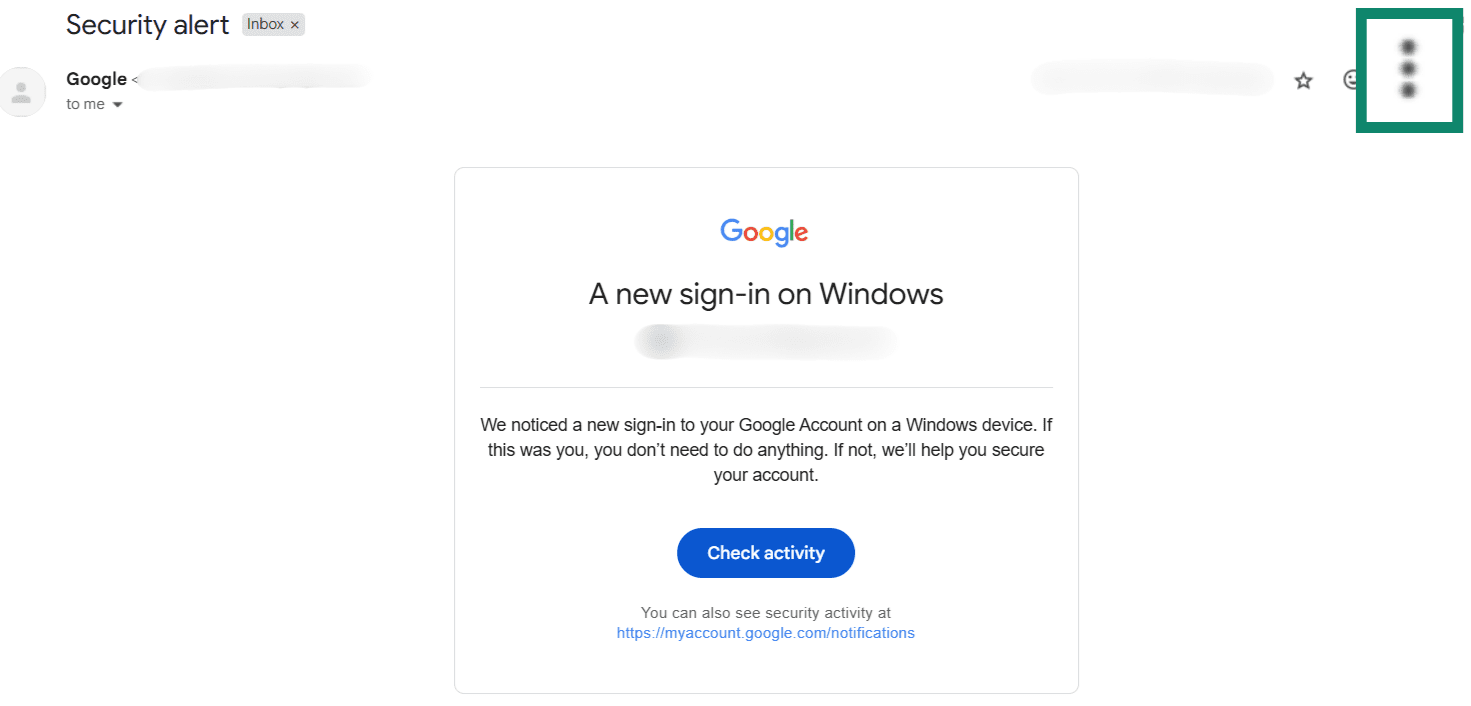 A Gmail message with a Google security alert. The