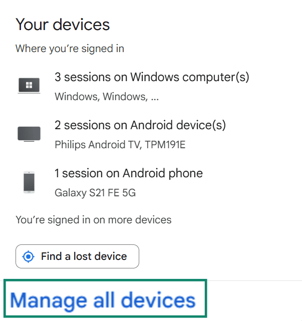 A list of connected devices to a Google account. The