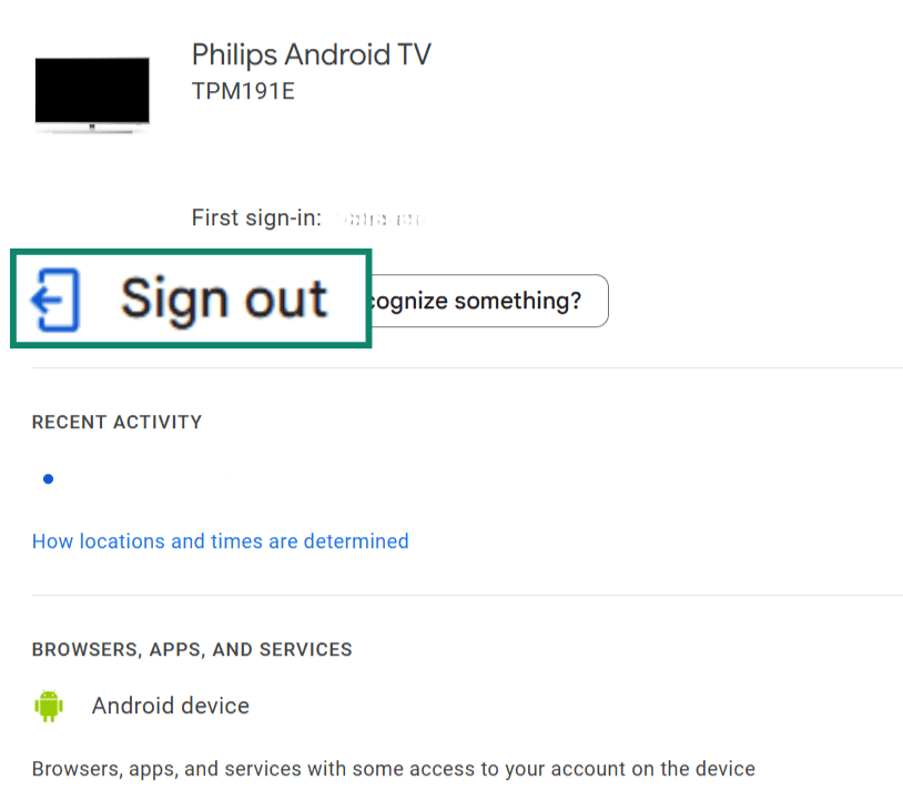 The page for a device signed into a Google account. The