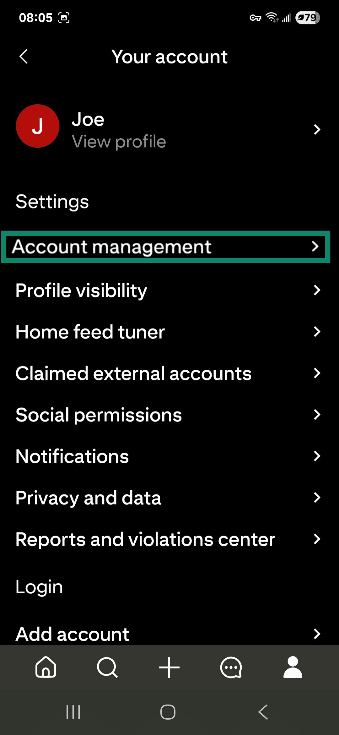 Android Pinterest app Your account menu with Account management highlighted.