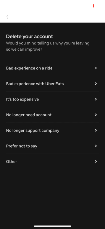 Uber mobile app account deletion survey.