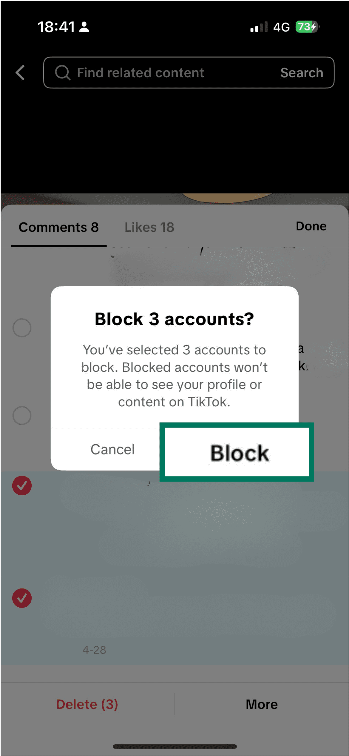TikTok confirmation pop-up asking to Block 3 accounts with the Block button highlighted.