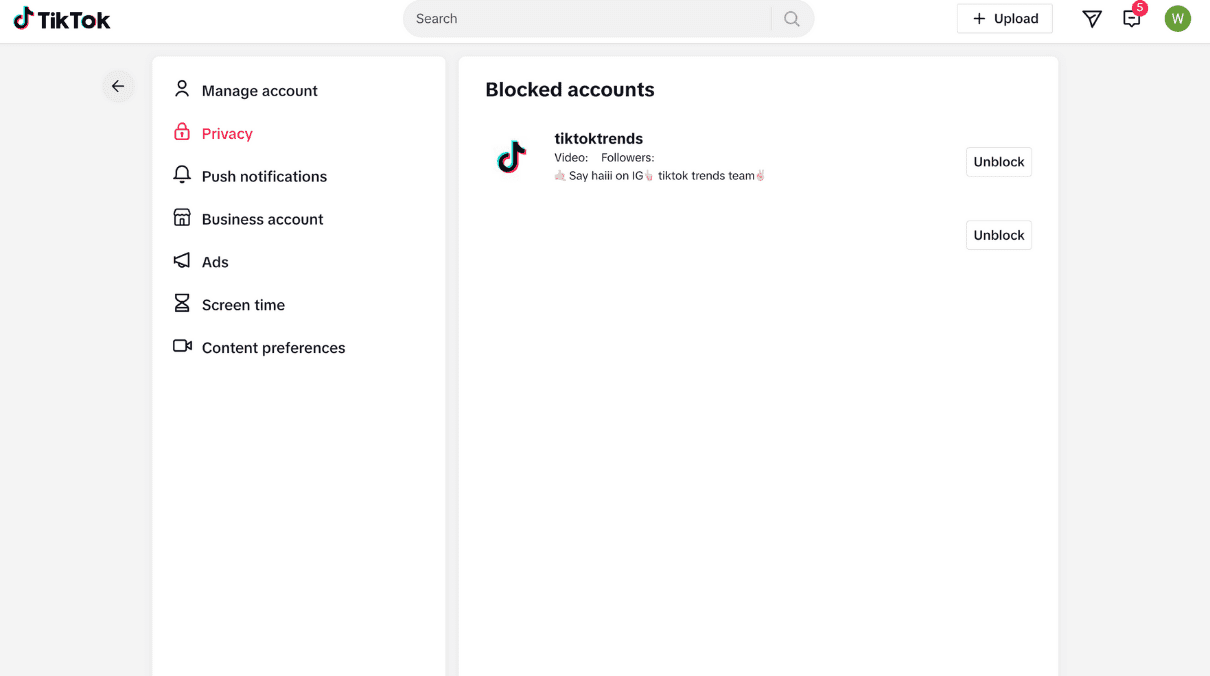A list of blocked accounts within a TikTok user's account settings.