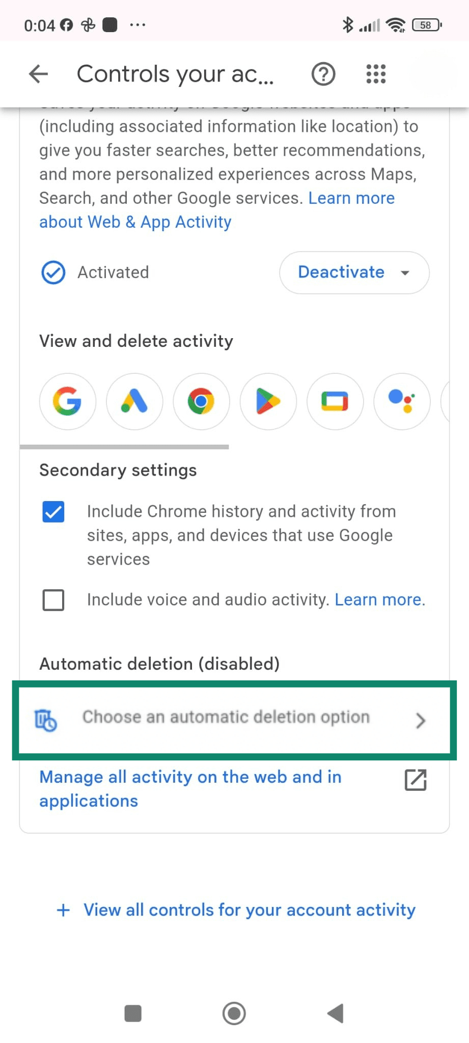 Google Web & App Activity settings showing option to choose automatic deletion.