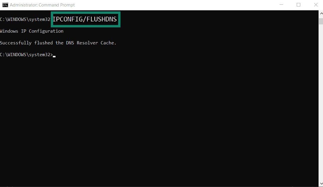 Windows Command Prompt showing ipconfig flushdns command