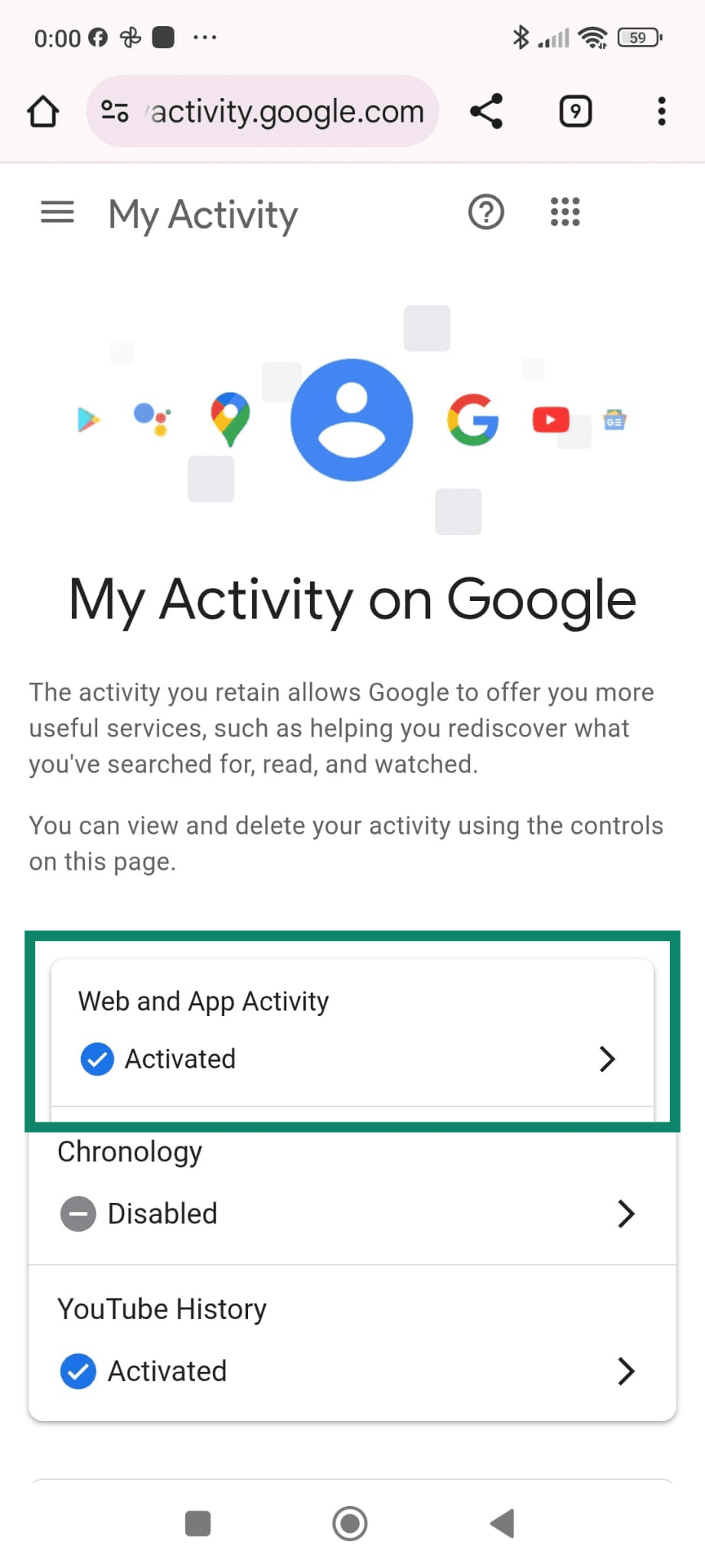 My Activity page showing Web & App Activity activated on Android.