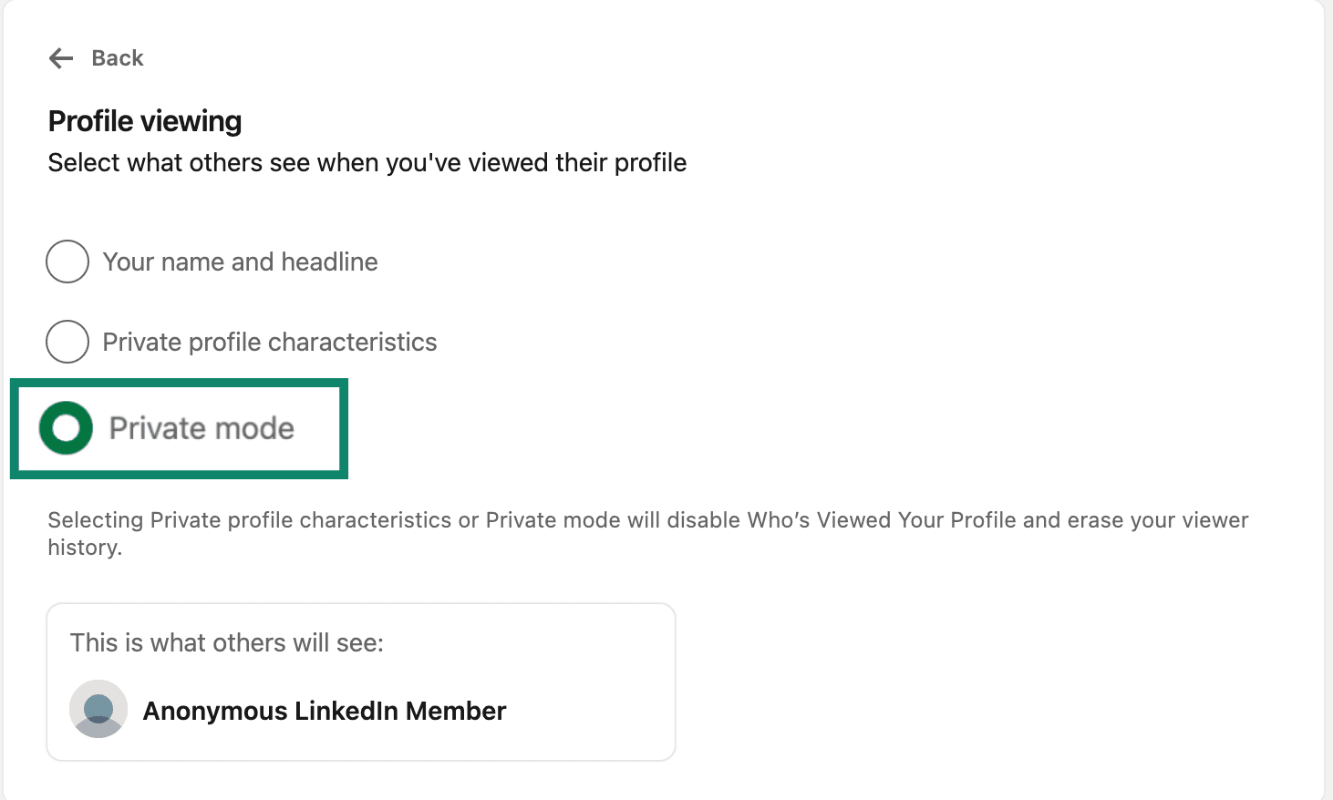 The LinkedIn Profile viewing settings page with Private mode highlighted.
