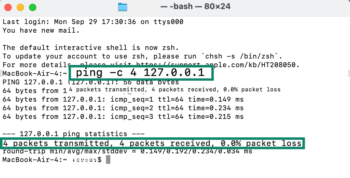 macOS Terminal interface, showing how to ping your IPv4 loopback address.