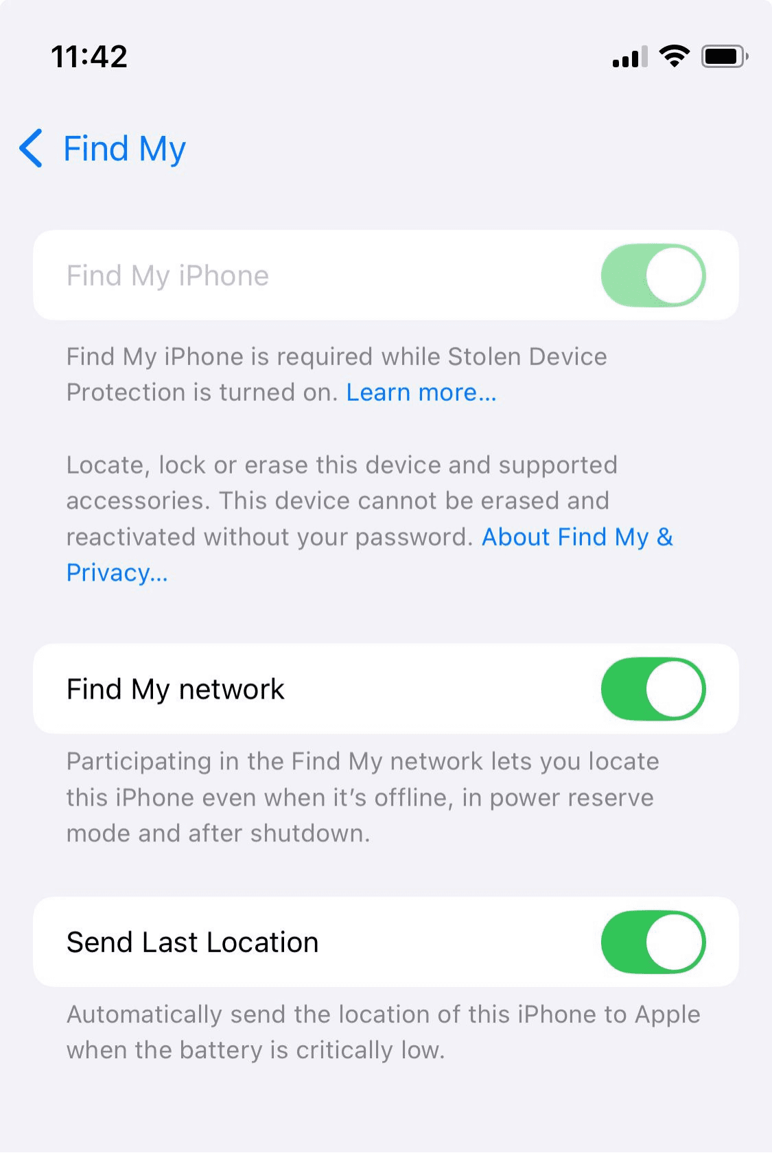 The Find My settings on an iPhone.
