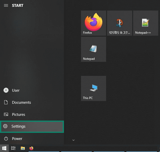 Windows start menu with the Settings option highlighted.