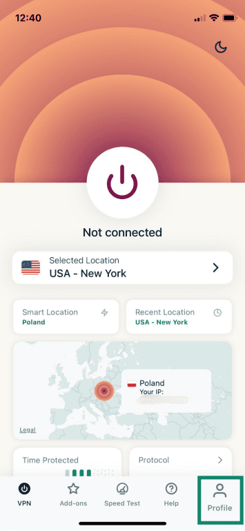 ExpressVPN mobile homepage screen with the Profile icon highlighted.