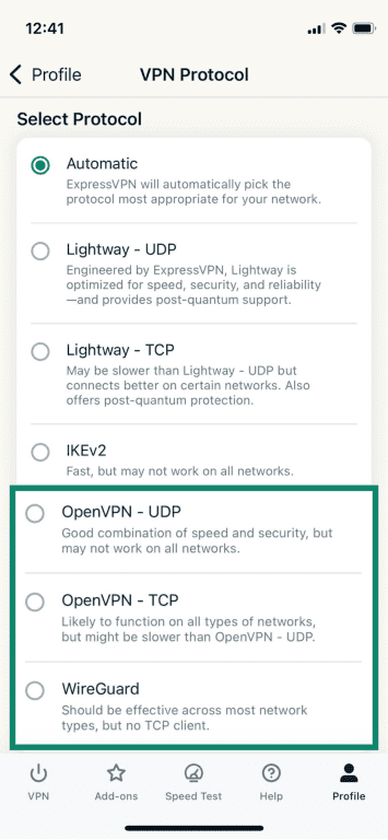 ExpressVPN protocol switching screen with OpenVPN and WireGuard highlighted.
