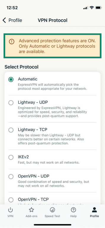 ExpressVPN protocol switching screen with advanced protection alert highlighted.