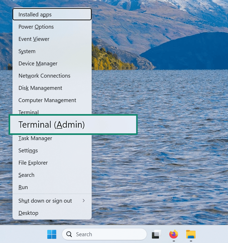 Windows menu with Terminal (Admin) highlighted.