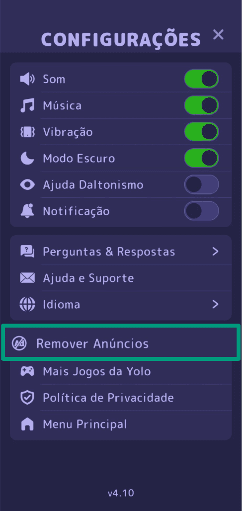 A screenshot of an in-game settings menu on an Android mobile game, showing an option to remove ads.