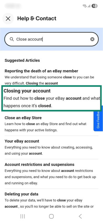 The eBay support library on the eBay mobile app.