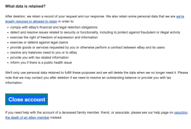A section of eBay's account closure support article.