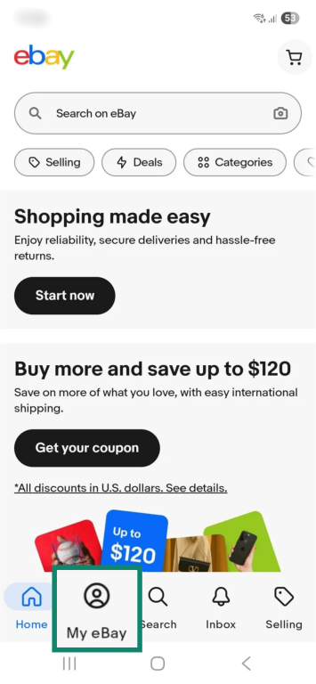 The home screen on the eBay mobile app.
