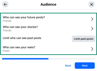 Audience windows on Facebook under Privacy Checkup.
