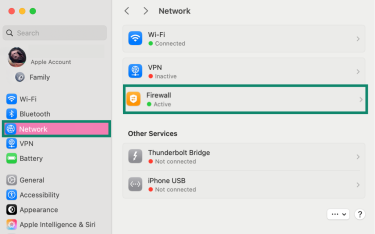 Network settings showing Firewall option.