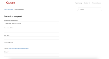 Quora Submit a request page with I need help with my account form