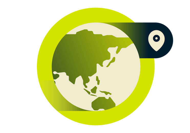 Mapa de Asia con ubicaciones de VPN.