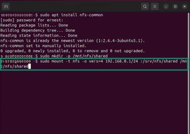 A terminal window showing an NFS mount command that connects the remote share at "192.168.0.1:/srv/nfs/shared" to the local directory "/mnt/nfs/shared."