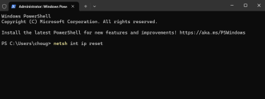 Windows Terminal (Admin) PowerShell with netsh int ip reset command entered.