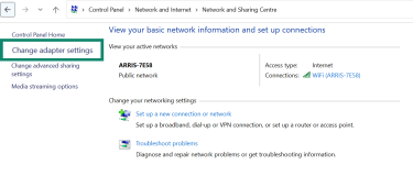 Network and Sharing Center with Change adapter settings highlighted.