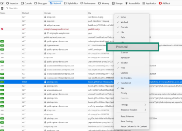 Firefox’s network tab showing how to enable the Protocol column.