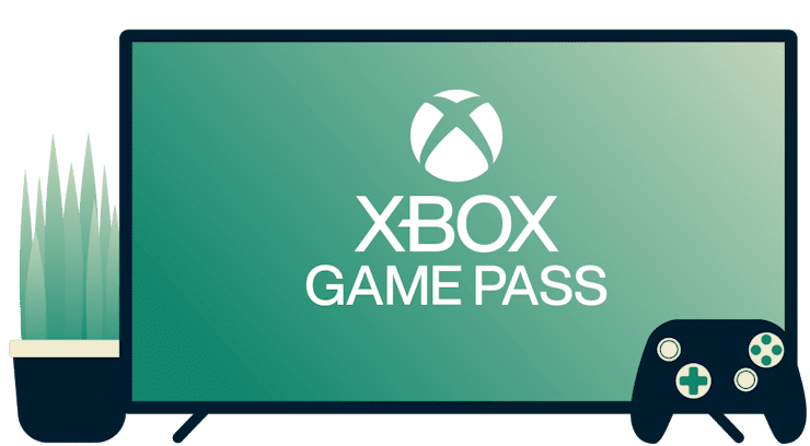 Bildschirm mit Xbox Game Pass-Logo, Controller und Pflanze.