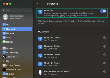 The "System Settings" menu on a Mac. The "Bluetooth" tab is selected, and the "Bluetooth" option is highlighted and toggled on.