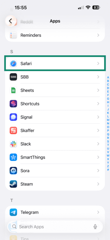 Accessing Safari's settings on iOS.