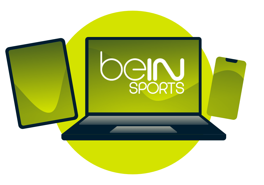 Ein Laptop, ein Tablet und ein Smartphone mit dem beIN-Logo.
