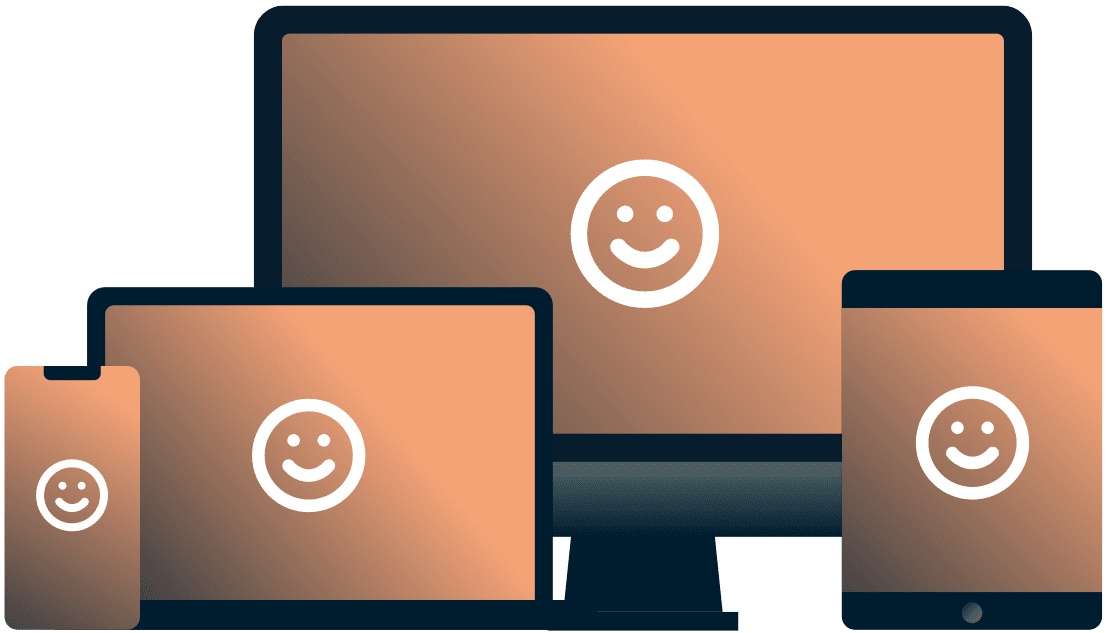 Varios dispositivos con caras sonrientes.