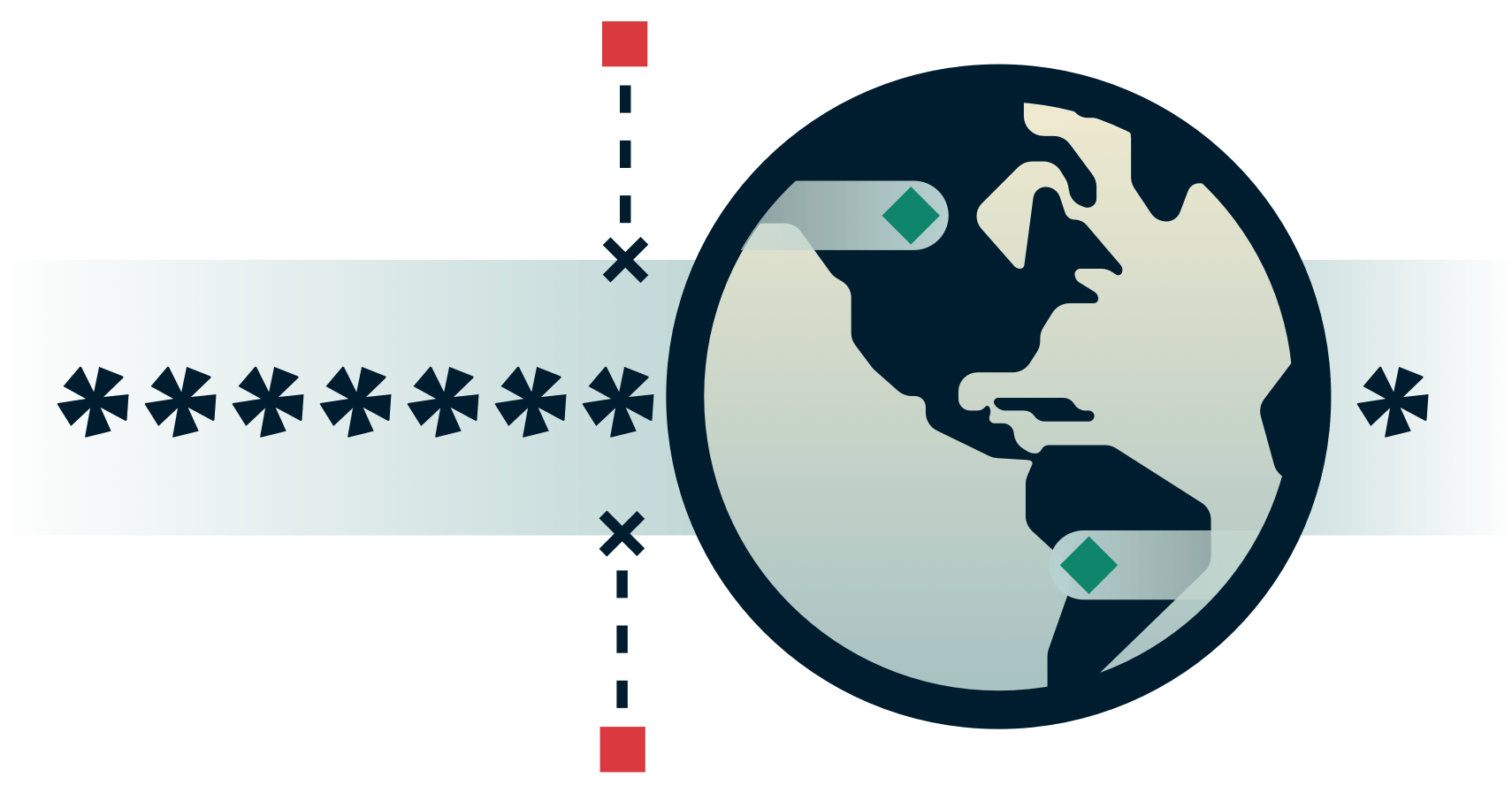 Globe med krypterad tunnel och externa parter som försöker ta sig in.
